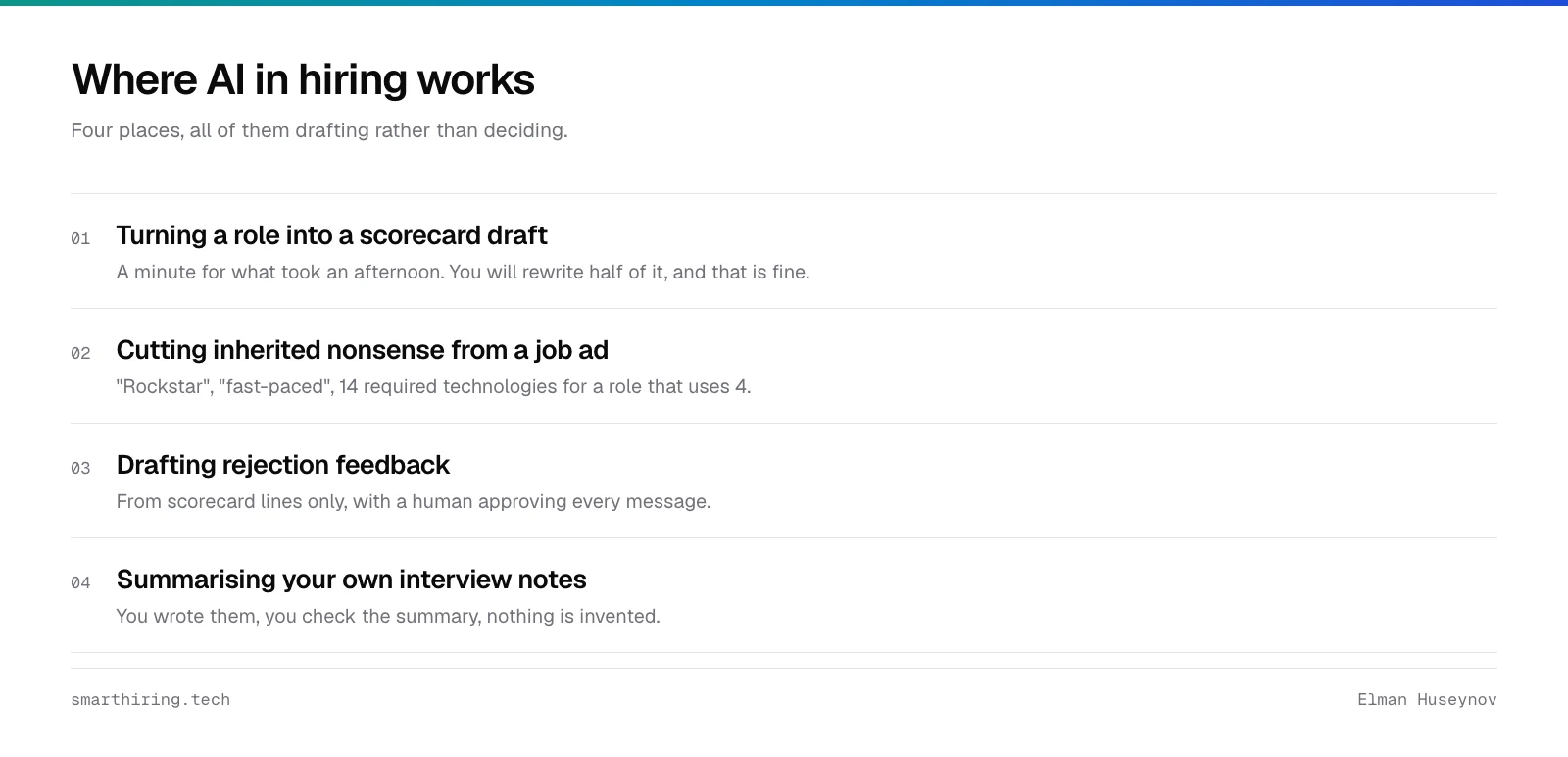 Where AI in hiring works and where it breaks: drafting job descriptions and scorecards on one side, ranking candidates and detecting cheating on the other