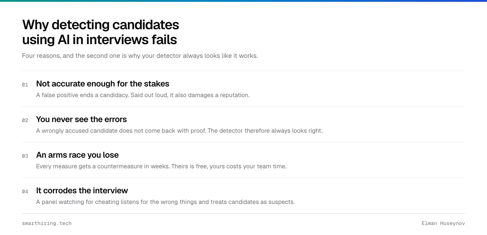 Four reasons detection of candidates using AI in interviews fails: accuracy, invisible errors, an arms race, and a panel that asks worse questions
