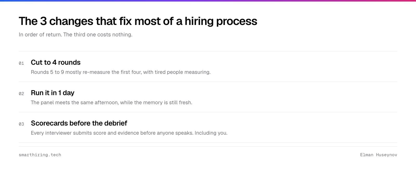 Three changes to a hiring process: cut to four rounds, run it in one day, require scorecards before the debrief