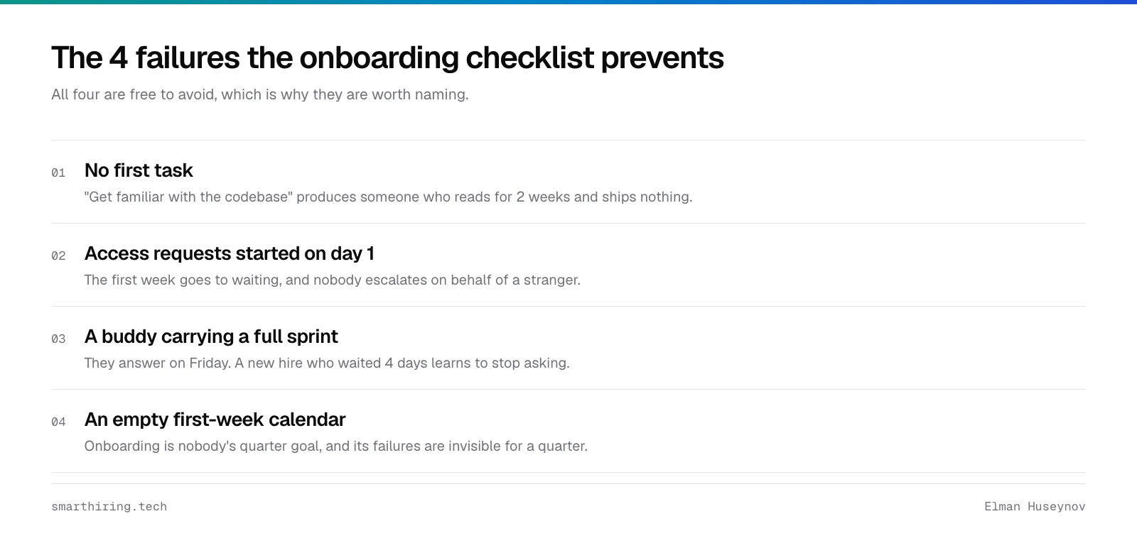 Four onboarding checklist failures: no first task, access requested on day one, a buddy with no time, an empty first week