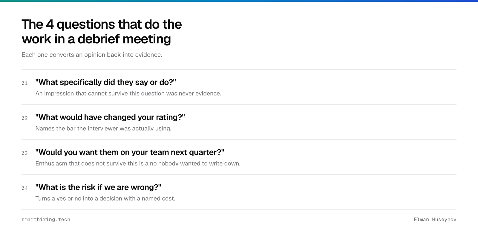 The four questions of a debrief meeting: what did they say or do, what would have changed your rating, would you want them next quarter, what is the risk if we are wrong