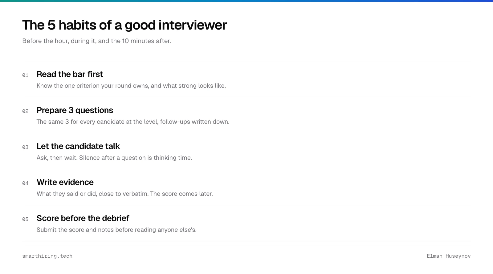 The 5 habits of a good interviewer: read the bar first, prepare 3 questions, let the candidate talk, write evidence, score before the debrief