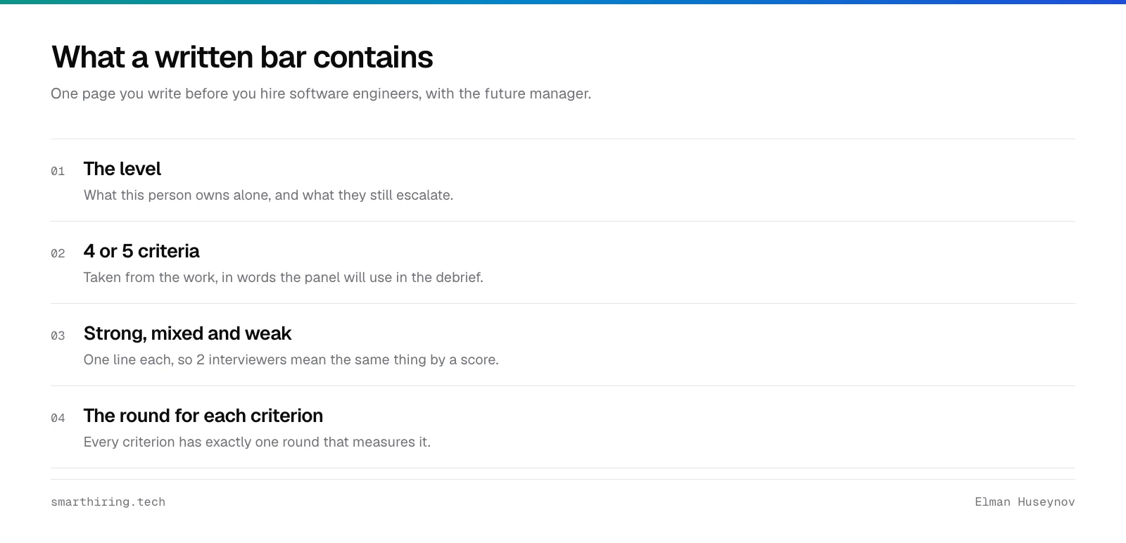 A written bar to hire software engineers contains the level, 4 or 5 criteria, what strong, mixed and weak look like, and which round measures each criterion