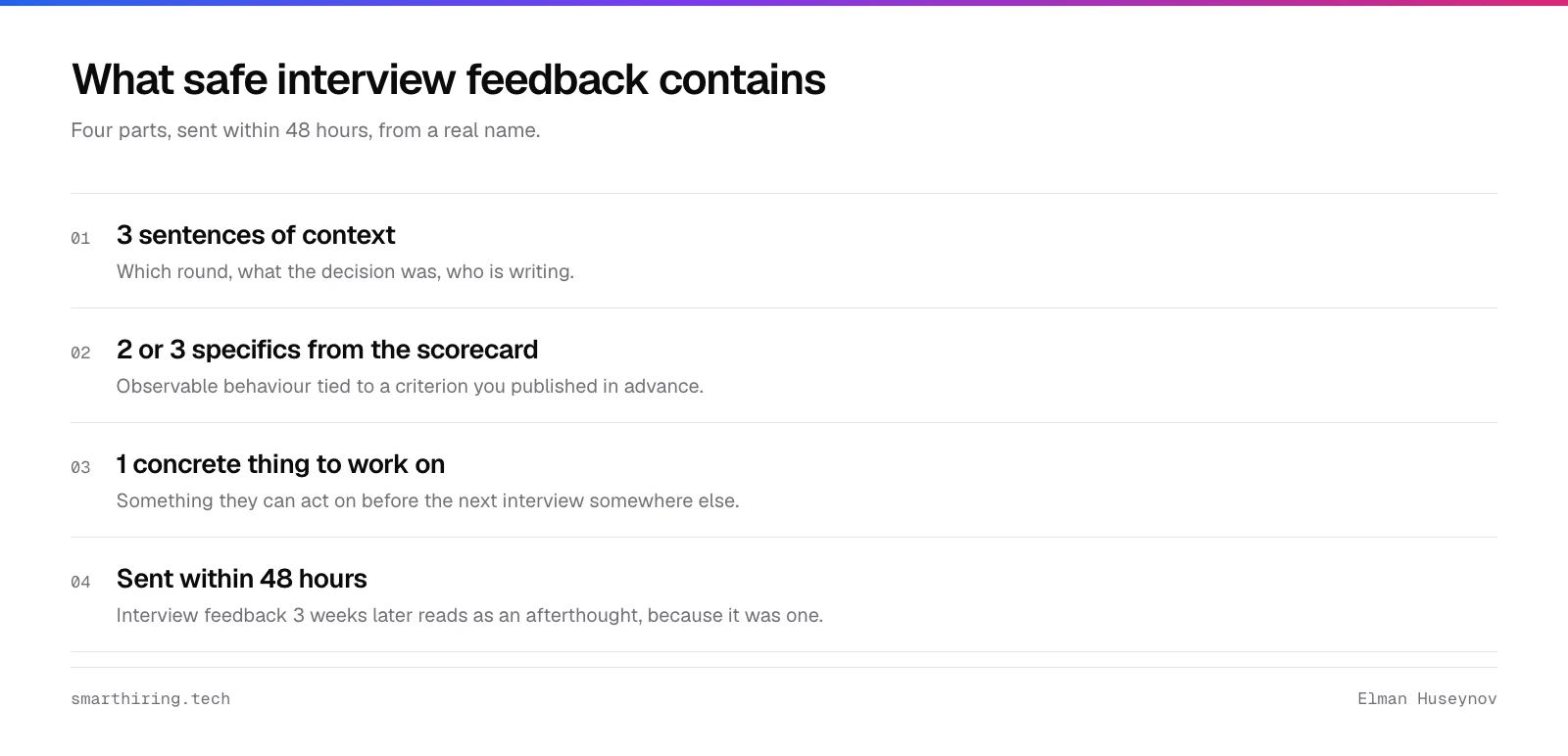 Safe interview feedback contains context, two or three specifics from the scorecard, one thing to work on, and arrives within 48 hours
