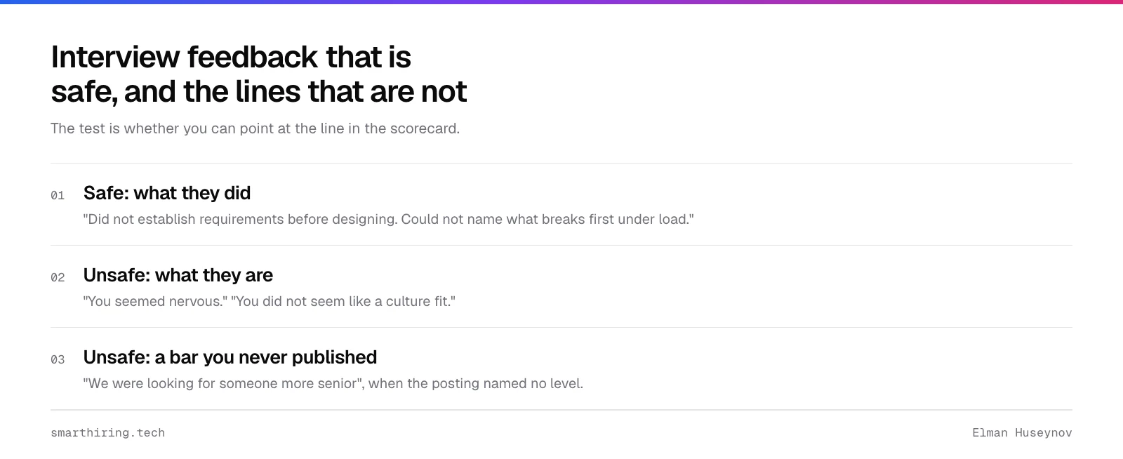 Safe interview feedback describes observable behaviour, unsafe interview feedback describes the person