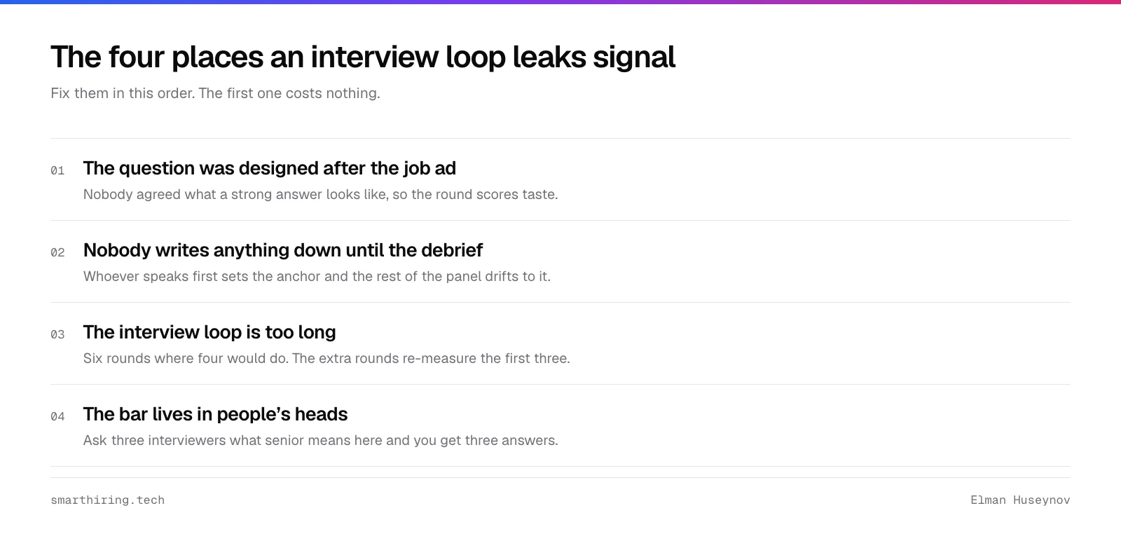 The four places an interview loop leaks signal, in the order to fix them