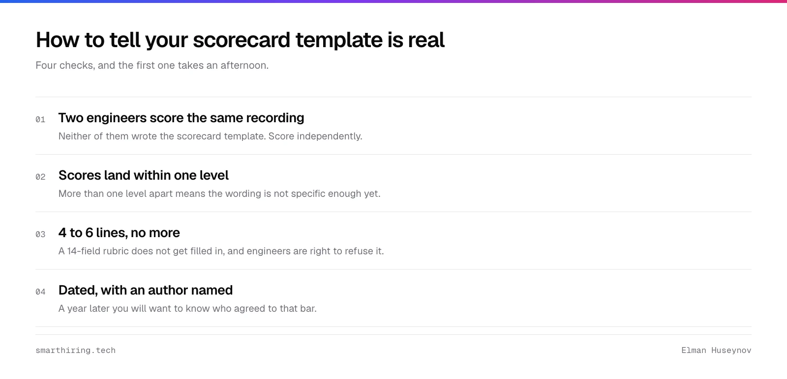 Four checks on an interview scorecard template: two independent scorers, one level of agreement, four to six lines, dated and signed