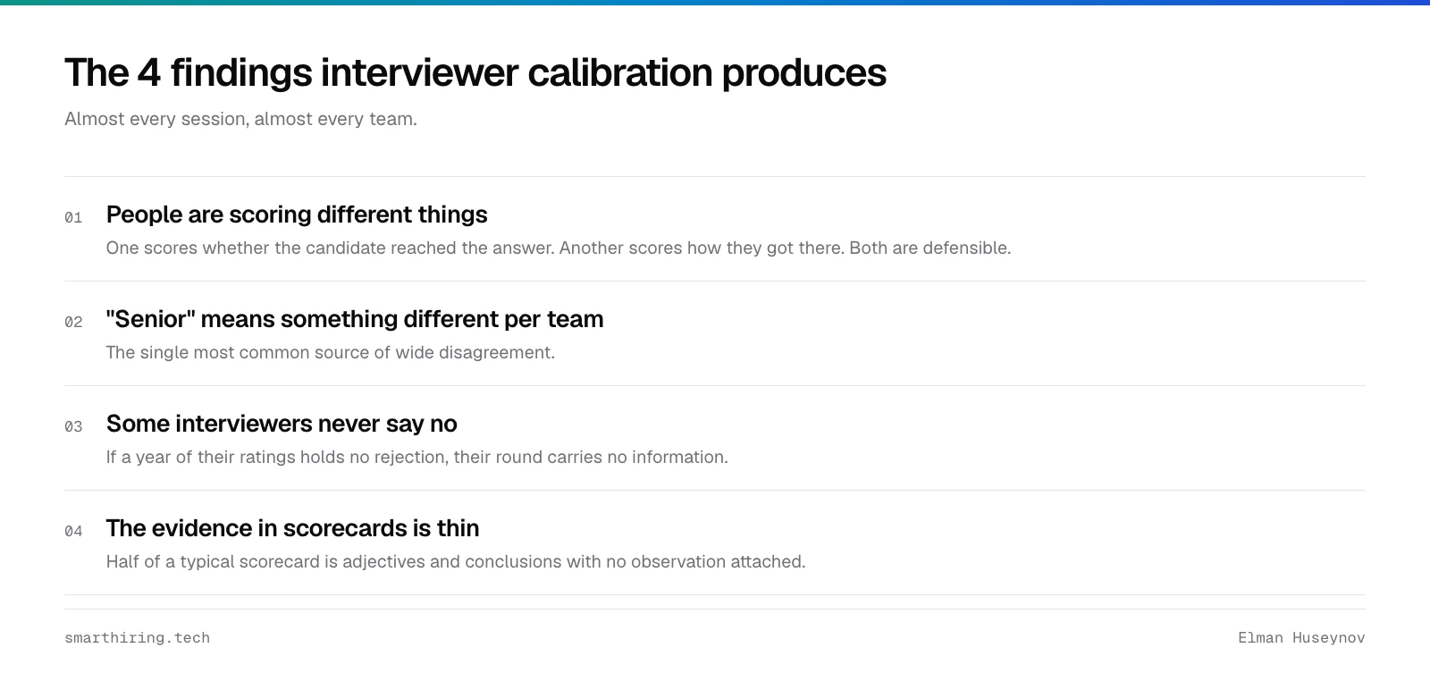 Four findings from interviewer calibration: people score different things, the bar differs per interviewer, some scorecards hold no evidence, and the senior standard was never stated