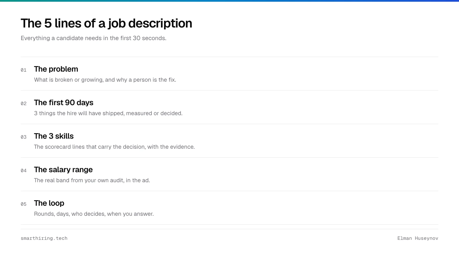 The five lines of a software engineer job description: the problem, the first 90 days, the 3 skills scored, the salary range and the loop