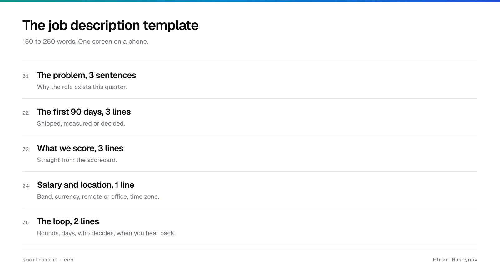 A job description template with five sections: the problem in 3 sentences, the first 90 days in 3 lines, what we score in 3 lines, salary and location in 1 line, the loop in 2 lines