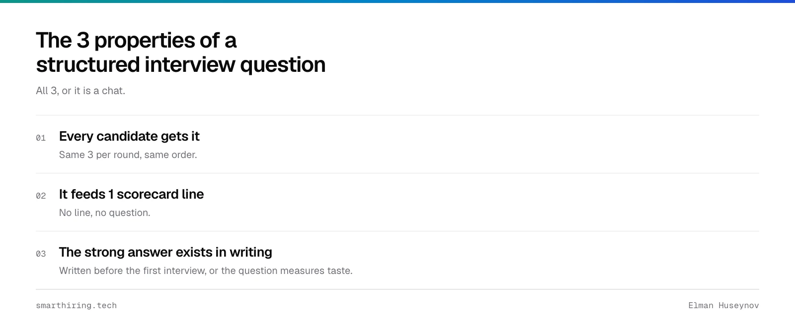 What makes structured interview questions structured: every candidate gets them, each feeds one scorecard line, the strong answer is written in advance