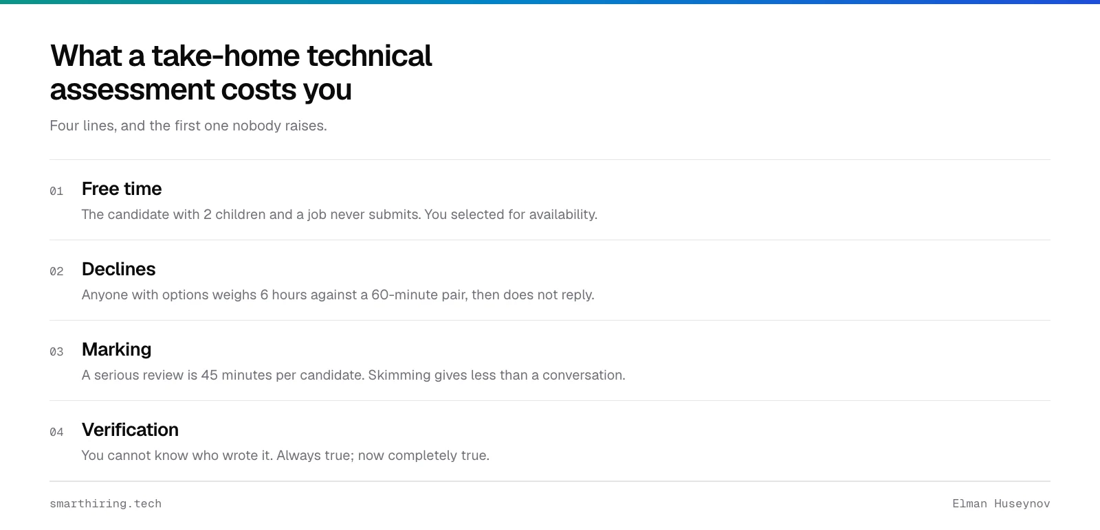 The 4 costs of a take-home technical assessment: free time, declines, marking, and no way to know who wrote it