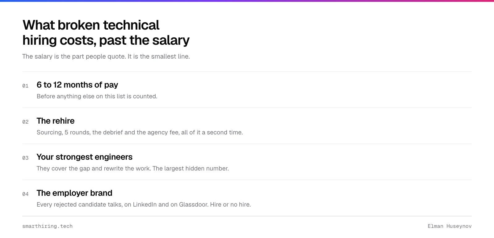 What broken technical hiring costs: six to twelve months of pay, the rehire, your strongest engineers' time, and the employer brand